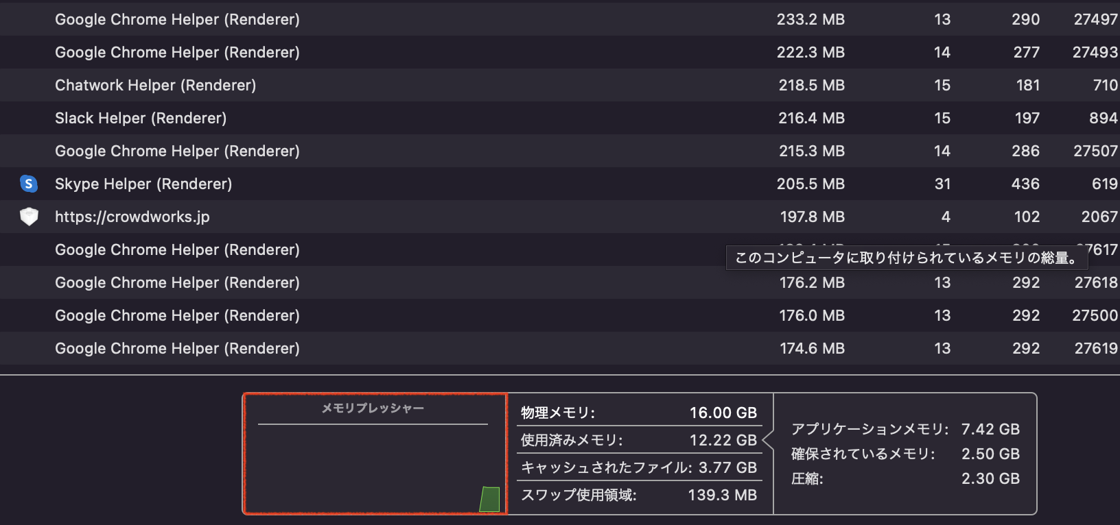 「メモリ」をクリックして下部の「メモリプレッシャー」をチェック