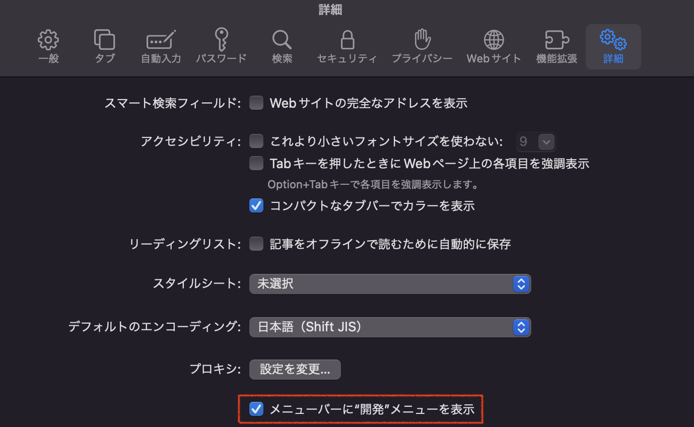 「詳細」タブを開いて「メニューバーに開発メニューを表示」にチェックを入れる