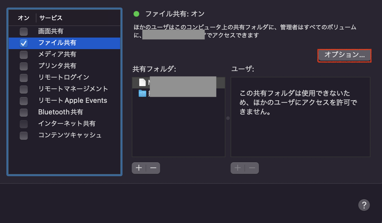 「ファイル共有」から「オプション」をクリック