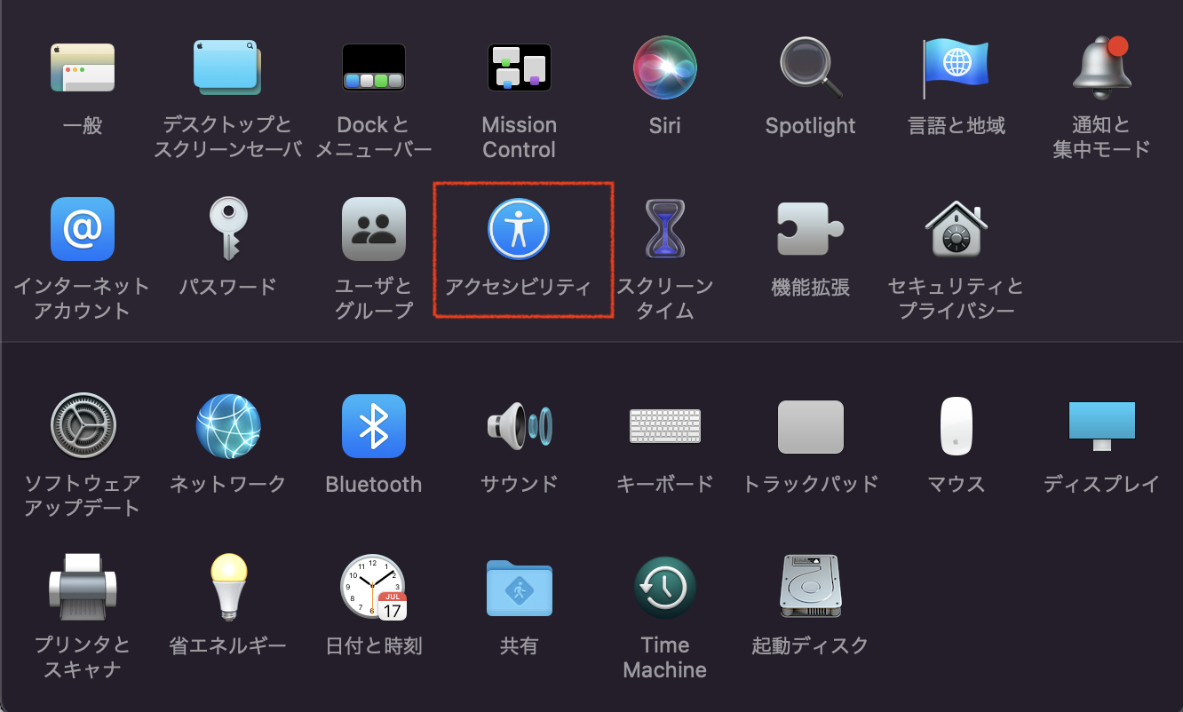 「アクセシビリティ」をクリック